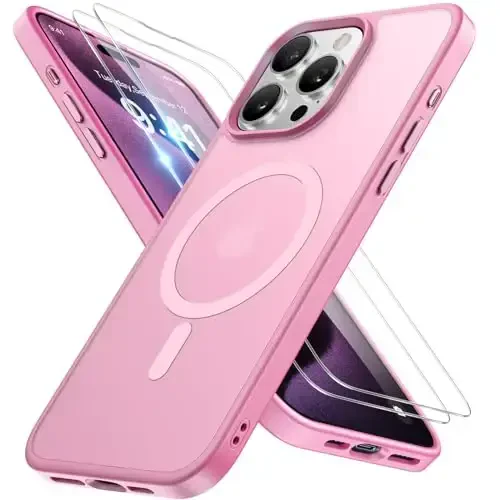 Miracase Magnetic for iPhone 15 Pro Case 6.1 inch (Compatible with MagSafe)（with 2X Screen Protectors）Military-Grade Protection, Anti-Fingerprint Translucent Matte Phone Cover, Mes Pink 