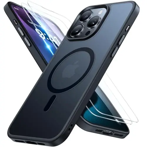 Miracase Magnetic for iPhone 15 Pro Case 6.1 inch (Compatible with MagSafe)（with 2X Screen Protectors）Military-Grade Protection, Anti-Fingerprint Translucent Matte Phone Cover, Black - 1