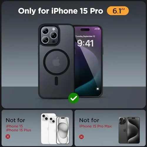Miracase Magnetic for iPhone 15 Pro Case 6.1 inch (Compatible with MagSafe)（with 2X Screen Protectors）Military-Grade Protection, Anti-Fingerprint Translucent Matte Phone Cover, Black - 2