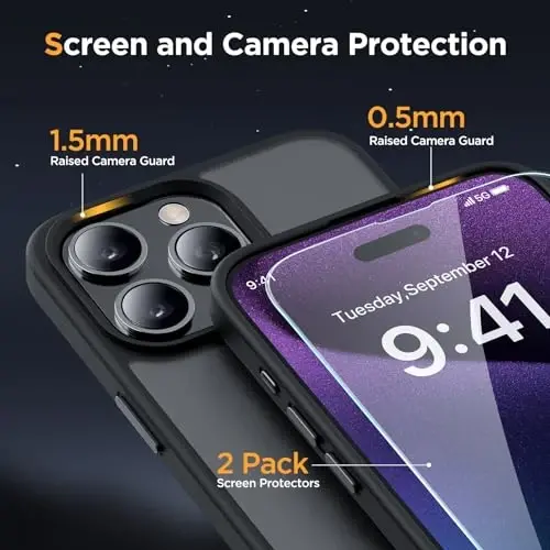 Miracase Magnetic for iPhone 15 Pro Case 6.1 inch (Compatible with MagSafe)（with 2X Screen Protectors）Military-Grade Protection, Anti-Fingerprint Translucent Matte Phone Cover, Black - 6