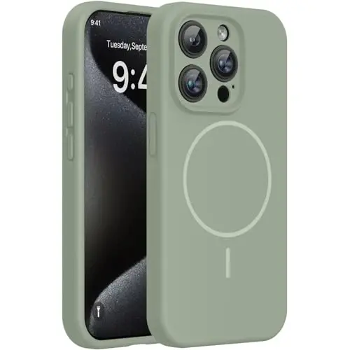 Miracase Manyetik iPhone 15 Pro Kılıfı, [Yumuşak Çizilmez Mikrofiber Astar], MagSafe ile Uyumlu, Sıvı Silikon Darbeye Dayanıklı Düşme Korumalı Telefon Kılıfı, 15 Pro için, Patina Yeşili 