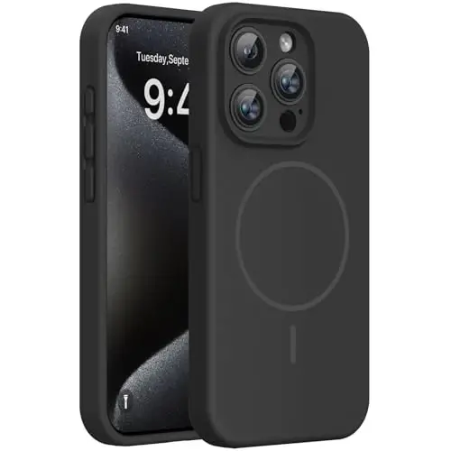 Miracase Manyetik iPhone 15 Pro Kılıfı, [Yumuşak Çizilmez Mikrofiber Astar], MagSafe Uyumlu, Sıvı Silikon Darbeye Dayanıklı Düşme Korumalı Telefon Kılıfı, 15 Pro için, Siyah 