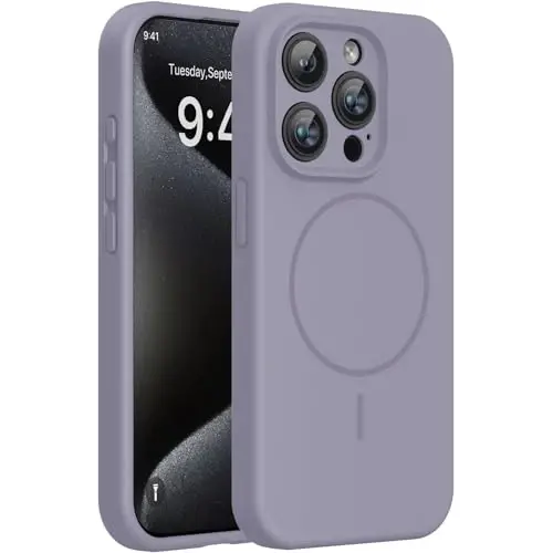 Miracase Manyetik iPhone 15 Pro Max Kılıfı, [Yumuşak Çizilmez Mikrofiber Astar], MagSafe ile Uyumlu, Sıvı Silikon Kılıf Darbeye Dayanıklı Düşme Korumalı Telefon Kılıfı, 15 ProMax için, Lavanta Grisi 