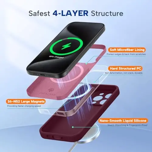 Miracase Magnetic for iPhone 15 Pro Max Case, [Soft Anti-Scratch Microfiber Lining], Compatible with MagSafe, Liquid Silicone Case Shockproof Drop Protection Phone Case for 15 ProMax, Wine Red - 2
