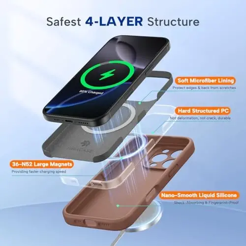 miracase Magnetic for iPhone 16 Pro Case, [Soft Anti-Scratch Microfiber Lining], Compatible with MagSafe, Liquid Silicone Case Shockproof Drop Protection Phone Case for 16 Pro,Chocolate - 4