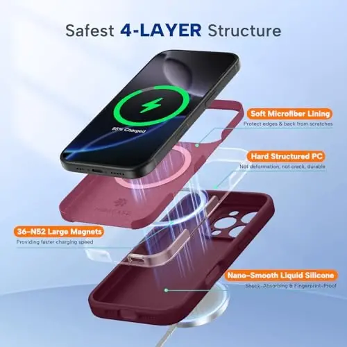 miracase Magnetic for iPhone 16 Pro Case, [Soft Anti-Scratch Microfiber Lining], Compatible with MagSafe, Liquid Silicone Case Shockproof Drop Protection Phone Case for 16 Pro,Wine Red - 4
