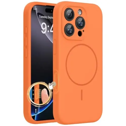 miracase Magnetic for iPhone 16 Pro Max Case, [Soft Anti-Scratch Microfiber Lining], Compatible with MagSafe, Liquid Silicone Case Shockproof Drop Protection Phone Case for 16 ProMax, Sunset Orange 