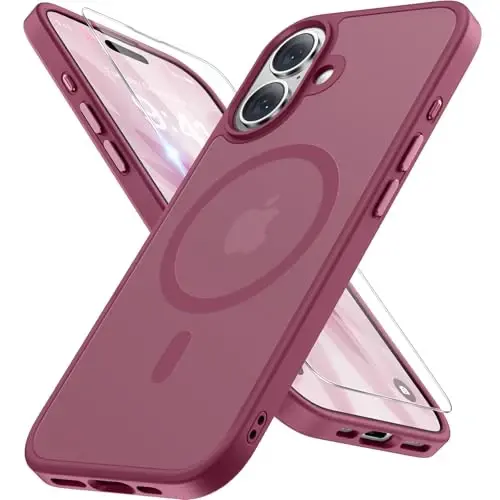 miracase Magnetic for iPhone 17 Case (Compatible with MagSafe) with Screen Protector Military-Grade Protection, Anti-Fingerprint Translucent Matte Phone Cover for iPhone 17 6.3 inch,Wine Red 