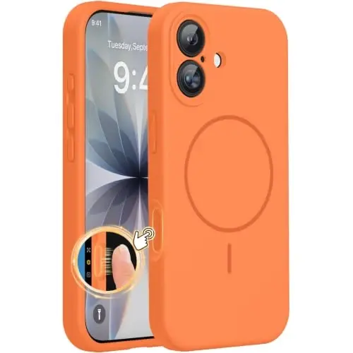 miracase Magnetic for iPhone 17 Case, Compatible with MagSafe, Integrated Silicone Camera Control Cover, 3.0mm Thicken Shockproof Drop Protection Phone Case for 17,Sunset Orange 