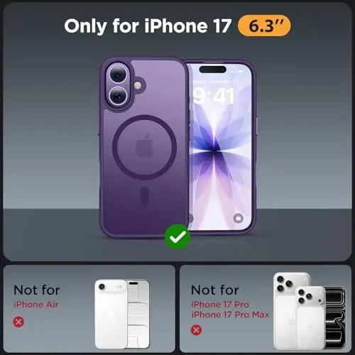 miracase Magnetic for iPhone 17 Case (Compatible with MagSafe) with Screen Protector Military-Grade Protection, Anti-Fingerprint Translucent Matte Phone Cover for iPhone 17 6.3 inch, Dark Purple - 2