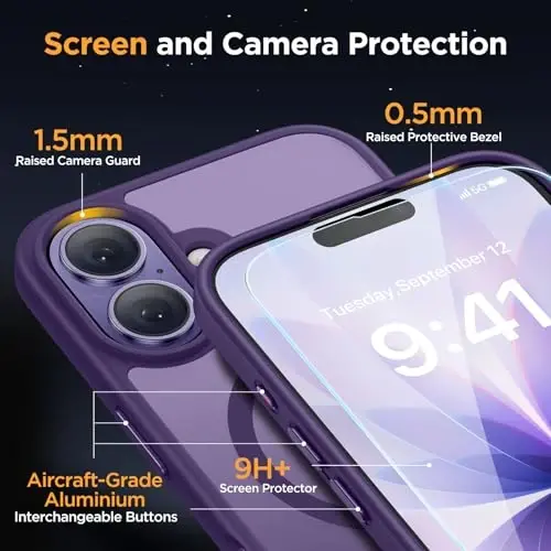 miracase Magnetic for iPhone 17 Case (Compatible with MagSafe) with Screen Protector Military-Grade Protection, Anti-Fingerprint Translucent Matte Phone Cover for iPhone 17 6.3 inch, Dark Purple - 6