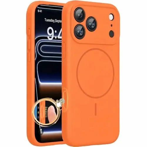 miracase Magnetic for iPhone 17 Pro Max Case, [Soft Anti-Scratch Microfiber Lining], Compatible with MagSafe, Liquid Silicone Case Shockproof Drop Protection Phone Case for 17 ProMax, Sunset Orange 
