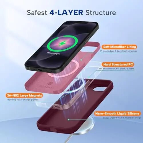 Miracase Manyetik iPhone 17e Kılıf ve iPhone 16e Kılıf, [Yumuşak Çizilmez Mikrofiber Astar], MagSafe Uyumlu, iPhone 17e/16e için Silikon Darbeye Dayanıklı Koruma Telefon Kılıfı, Şarap Kırmızısı - 3