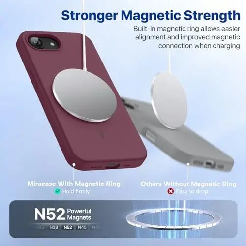 Miracase Manyetik iPhone 17e Kılıf ve iPhone 16e Kılıf, [Yumuşak Çizilmez Mikrofiber Astar], MagSafe Uyumlu, iPhone 17e/16e için Silikon Darbeye Dayanıklı Koruma Telefon Kılıfı, Şarap Kırmızısı - 5