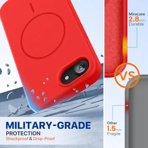Miracase Magnetic for iPhone 17e Case & iPhone 16e Case, [Soft Anti-Scratch Microfiber Lining], Compatible with MagSafe, Silicone Shockproof Protection Phone Case for iPhone 17e/16e, Red - 2