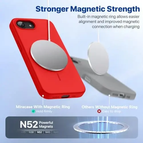Miracase Magnetic for iPhone 17e Case & iPhone 16e Case, [Soft Anti-Scratch Microfiber Lining], Compatible with MagSafe, Silicone Shockproof Protection Phone Case for iPhone 17e/16e, Red - 4