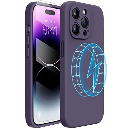 Miracase Magnetic Case Designed for iPhone 14 Pro Max Phone Case with Screen Protector,[Upgraded Enhanced Camera Protection],Shockproof Liquid Silicone Case 6.7 inch, Dark Purple Magnetic 