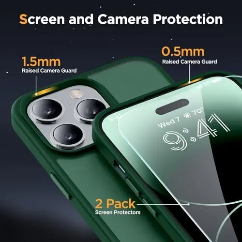 Miracase Magnetic Series Designed for iPhone 14 Pro Case [Compatible with MagSafe] [with 2X Screen Protectors] Anti-Fingerprint, Magnetic Charger Case for iPhone 14 Pro 6.1 inch - Dark Green - 6
