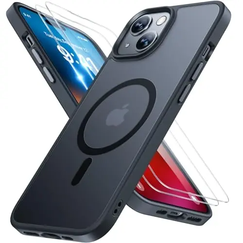miracase Magnetic for iPhone 15 Case (Compatible with MagSafe)（with 2X Screen Protectors） Military-Grade Protection, Anti-Fingerprint Translucent Matte Phone Cover for iPhone 15 6.1 inch, Black 
