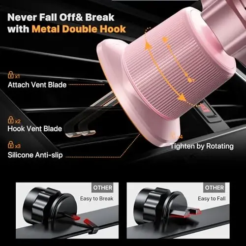 Miracase Phone Holders for Your Car with Metal Hook Clip, Cell Phone Mounts Air Vent Cell Phone Stand Car Mount, Universal Automobile Cradle Fit for iPhone Android and All Smartphones (Pink) - 2