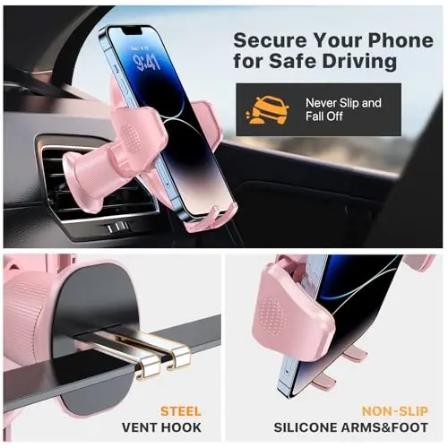 Miracase Phone Holders for Your Car with Metal Hook Clip, Cell Phone Mounts Air Vent Cell Phone Stand Car Mount, Universal Automobile Cradle Fit for iPhone Android and All Smartphones (Pink) - 3