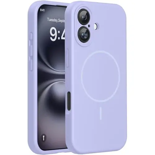 Miracase, совместимый с чехлом для iPhone 16, [мягкая подкладка из микрофибры, устойчивая к царапинам], совместим с MagSafe, чехол из жидкого силикона, ударопрочный защитный чехол для телефона 16, светло-фиолетовый - 1