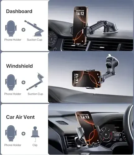 Miracase Phone Holders for Your Car, [Thick Case & Heavy Phone Friendly] Universal Cell Phone Car Mount, 3-in-1 Phone Mount for Car Dashboard Windshield Air Vent Fit for All Smartphones, Dark Grey - 2
