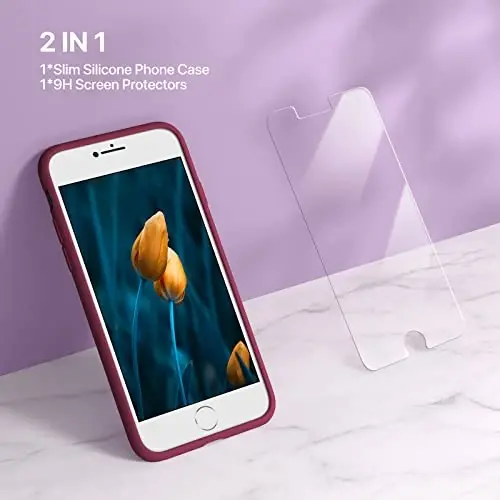 Miracase Ultra Slim Designed for iPhone SE Case 2022(3rd Gen)/iPhone SE 2020 Case(2nd Gen)/iPhone 7 Case/iPhone 8 Case with Screen Protector, Multi-Color Silicone Shockproof Phone Case(Wine Red) - 2