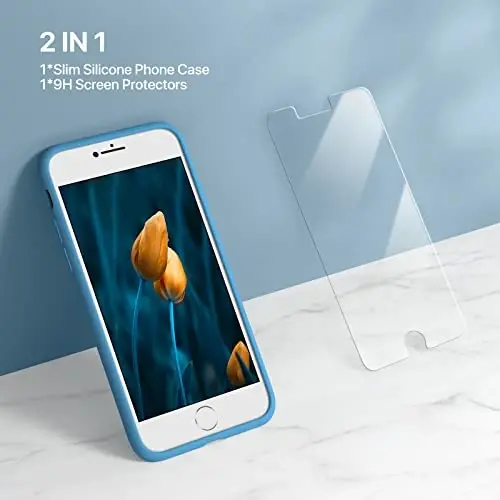 Miracase Ultra Slim iPhone SE 2022 (3-avlod)/iPhone SE 2020 (2-avlod)/iPhone 7/iPhone 8 uchun ekran himoyachisi bilan g‘ilof, ko‘p rangli silikon zarbaga chidamli telefon g‘ilofi (Capri Blue) - 2