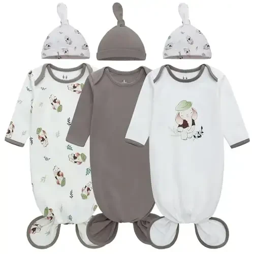 Miracle Baby Newborn Knotted Gown with Hat Set, 3 Pack Newborn Nightgowns, Baby Sleeper Gowns with Mitten Cuffs for Boys Girls 0-6 Months - 1