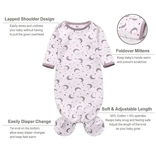Miracle Baby Newborn Knotted Gown with Hat Set, 3 Pack Newborn Nightgowns, Baby Sleeper Gowns with Mitten Cuffs for Boys Girls 0-6 Months - NEWBORN (1)