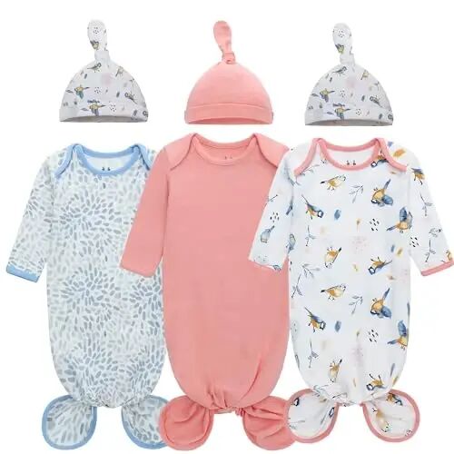 Miracle Baby Newborn Knotted Gown with Hat Set, 3 Pack Newborn Nightgowns, Baby Sleeper Gowns with Mitten Cuffs for Boys Girls 0-6 Months - NEWBORN