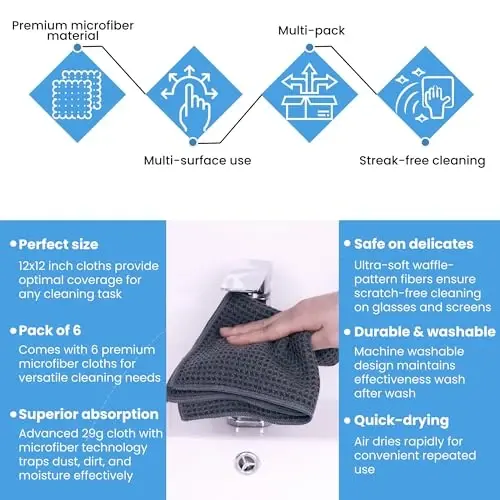 MIRACLEAN FairyWaffle Microfiber Cleaning Cloth - 12 x 12 inches Streak-Free Lint-Free Absorbent Microfiber Cloths for Screens, Glasses, Dusting & Appliances - 6 Pack Premium Cloth Wipes - 3
