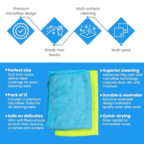 MIRACLEAN Mikrofiber Tozalash Matolari 12 Pack - 12 x 12 dyuym Ekranlar, chang tozalash va maishiy texnika uchun chiziqsiz tuklarsiz mato salfetkalari - Premium Ko'zoynak Tozalash Matolari to'plami - 2