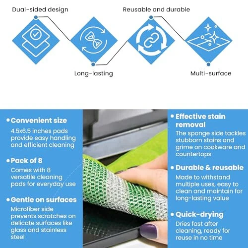 MIRACLEAN Spic&Sponge Kitchen Pads - Dual-Sided 4.5 x 6.5 inches Cleaning Wipes for Dishes, Countertops & Stovetops - Microfiber & Sponge - Reusable General Household Cleaning Rags - Pack of 8 - 3