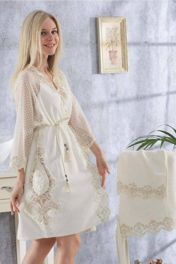 Mirella Cream Honeymoon Dowry Lace 4-Piece Bridal Bathrobe Set Cotton Robe - 1