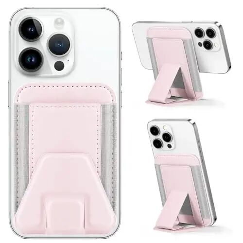 Miroddi for Magsafe Wallet Stand, Magnetic Phone Wallet for iPhone 17/16/15/14/13/12 Series, Leather Magnetic Cards Holder, Fits 5 Cards, RFID Blocking, Slim, Pink - Miroddi