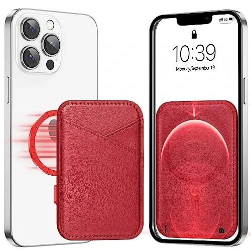 Miroddi Magnetic Card Wallet Holder, with MagSafe for iPhone 15/14/13/12 Series, Magsafe, Vegan Leather, Independent Slot, Invisible Ultra-Thin, True red, MCB070TR-US 
