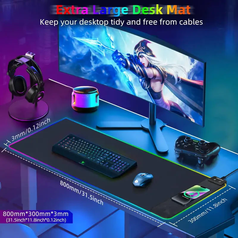 Miroddi RGB Desk Mat with Wireless Charger | [9 Light Modes] Large Desktop Mouse Pad with Non-Slip Rubber Base for Gaming & Home Office - 2