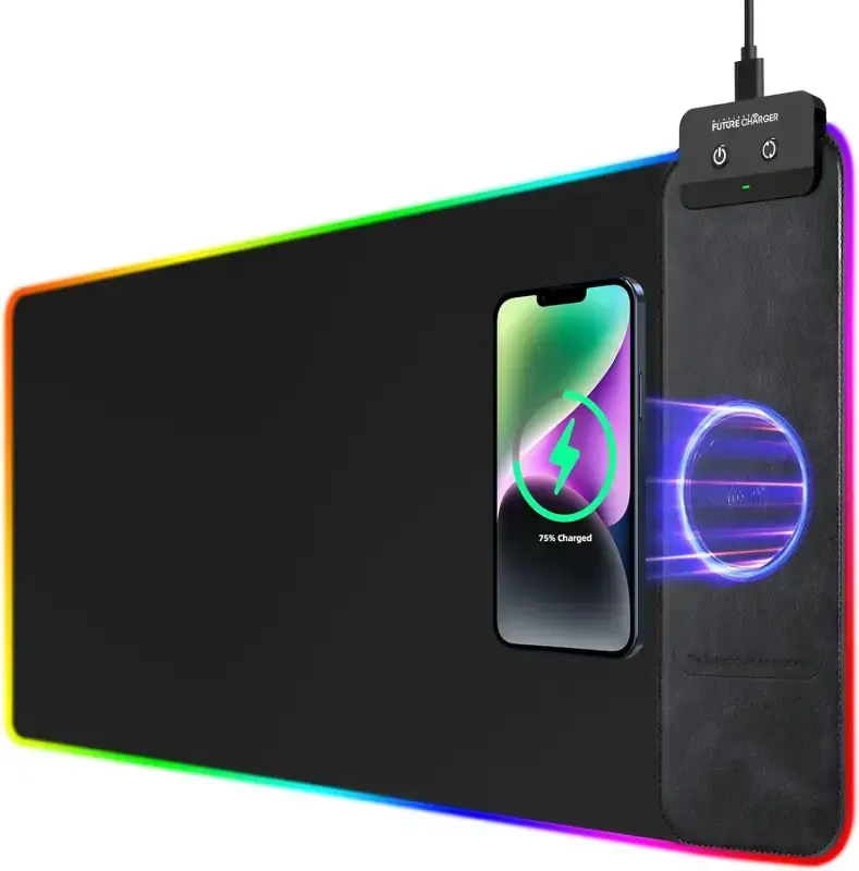 Miroddi Mouse Pad with Wireless Charging, 15W RGB Gaming Mousepad with 9 Light, LED Large Desk Mat with Waterproof Non-Slip Rubber Base-BLACK-RGB31.5X12.4 - MIRODDI