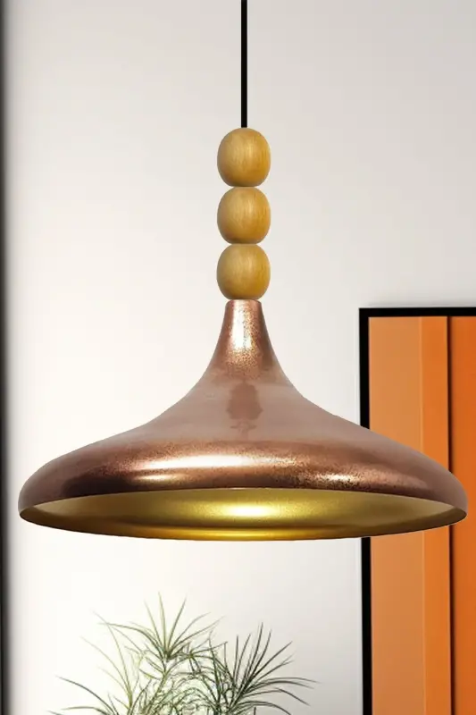 Mis Baqır Patina Champion Ahşap Boncuklu Tekli Avize Sarkıt Salon Mutfak Butik Lamba-patina - 1