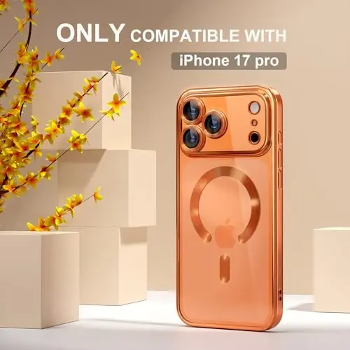 Misea iPhone 17 Pro uchun MagSafe bilan mos keladigan g'ilof [Hech qachon sarg'aymaydi] [Harbiy darajadagi tushishdan himoya] To'liq kamera linzalari himoyasi, ayollar uchun yumshoq shaffof g'ilof, Kosmik to'q sariq - MISEA (1)