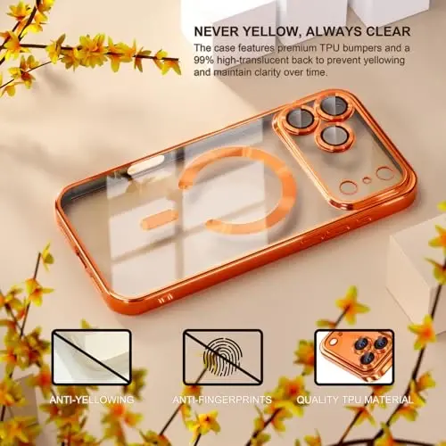 Misea iPhone 17 Pro uchun MagSafe bilan mos keladigan g'ilof [Hech qachon sarg'aymaydi] [Harbiy darajadagi tushishdan himoya] To'liq kamera linzalari himoyasi, ayollar uchun yumshoq shaffof g'ilof, Kosmik to'q sariq - 3