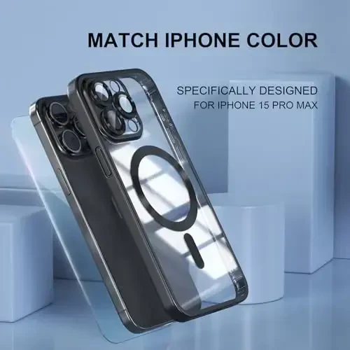 Misea Magnetic для iPhone 15 Pro Max Case [Никогда не желтеет] [Военная степень защиты от падений] Полная защита объектива камеры Мягкий прозрачный чехол для телефона для женщин, девочек, Titanium Black - 7