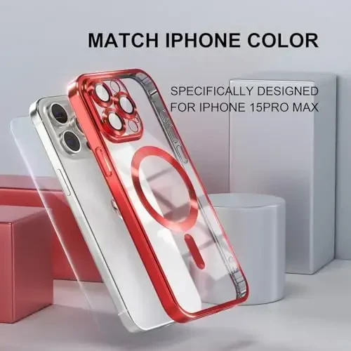 Misea Magnetic for iPhone 15 Pro Max Case with MagSafe [Never Yellowing] [Military Grade Drop Protection] Full Camera Lens Protector Plating Soft Clear Phone Case for Women Girls, Red - 7