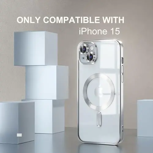 Misea Magnetic для iPhone 15, совместимый с MagSafe [Не желтеет] [Военная защита от падений] Полная защита объектива камеры, мягкий прозрачный чехол для телефона для женщин, серебристый - 2