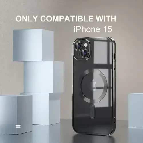 Misea Magnetic для iPhone 15, совместимый с MagSafe [Никогда не желтеет] [Военная защита от падений] Полная защита объектива камеры Мягкий прозрачный чехол для телефона с покрытием для женщин, черный - 2