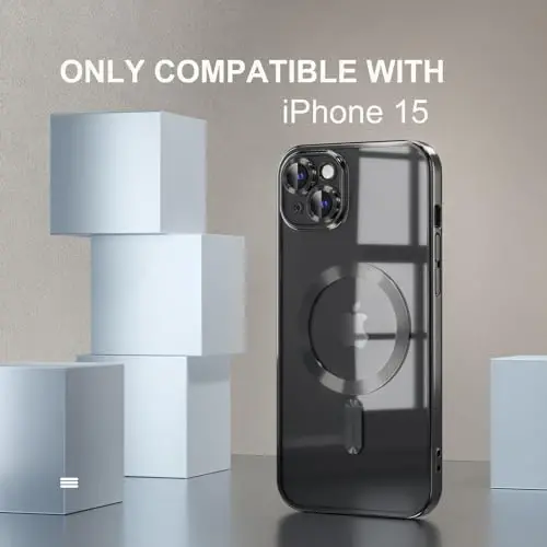 Misea Magnetic для iPhone 15, совместимый с MagSafe [Никогда не желтеет] [Военная защита от падений] Полная защита объектива камеры Мягкий прозрачный чехол для телефона с покрытием для женщин, черный - MISEA (1)