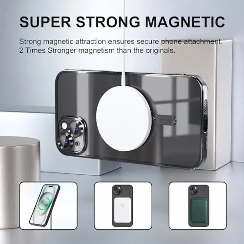 Misea Magnetic для iPhone 15, совместимый с MagSafe [Никогда не желтеет] [Военная защита от падений] Полная защита объектива камеры Мягкий прозрачный чехол для телефона с покрытием для женщин, черный - 5