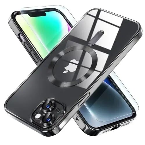 Misea Magnetic for iPhone 14 Case Compatible with MagSafe Black | [Never Yellowing] [Military Drop Protection] Full Camera Lens Protector Plating Soft Clear Phone Case for Women, Black - Misea